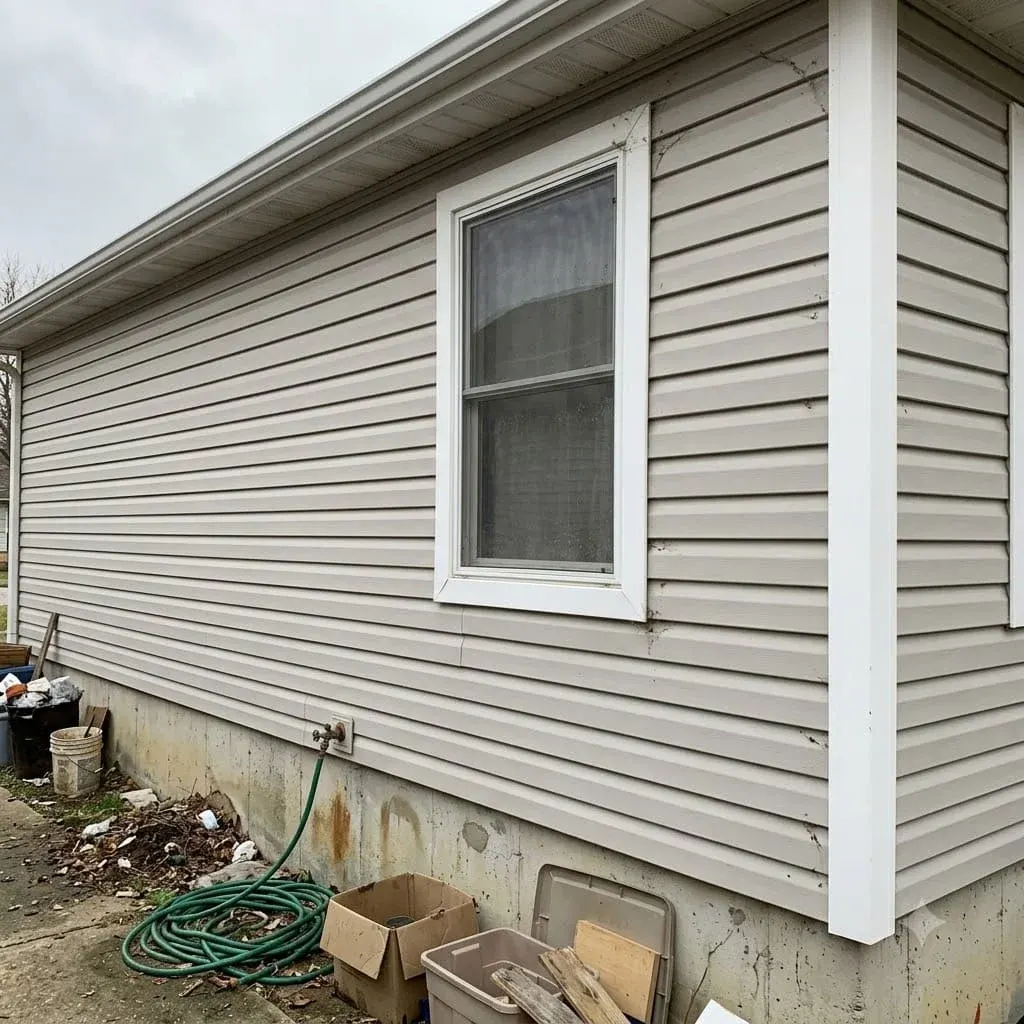 Freshly repaired siding wall on a house