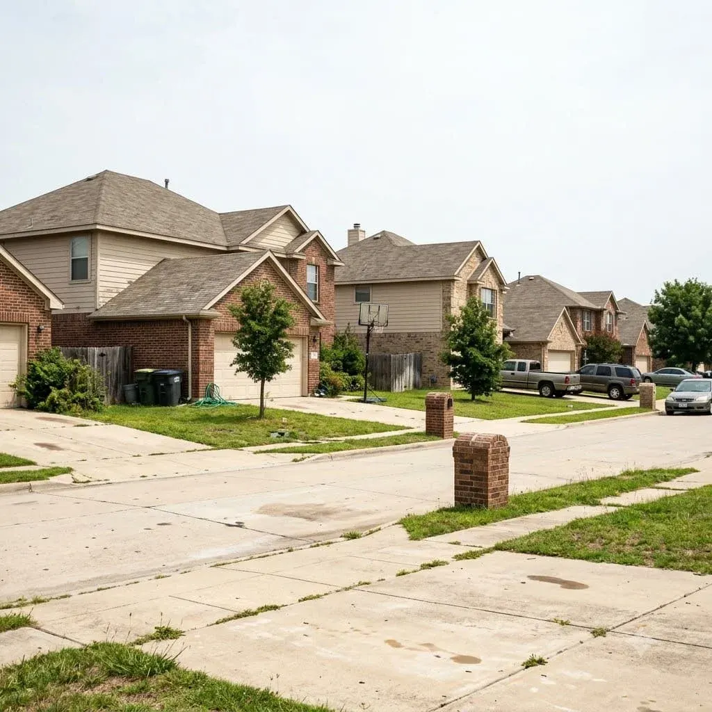 Residential street of mixed-age houses in a North Texas city