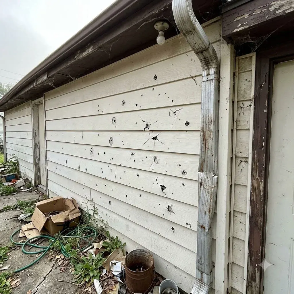 Siding with round hail dents and cracks