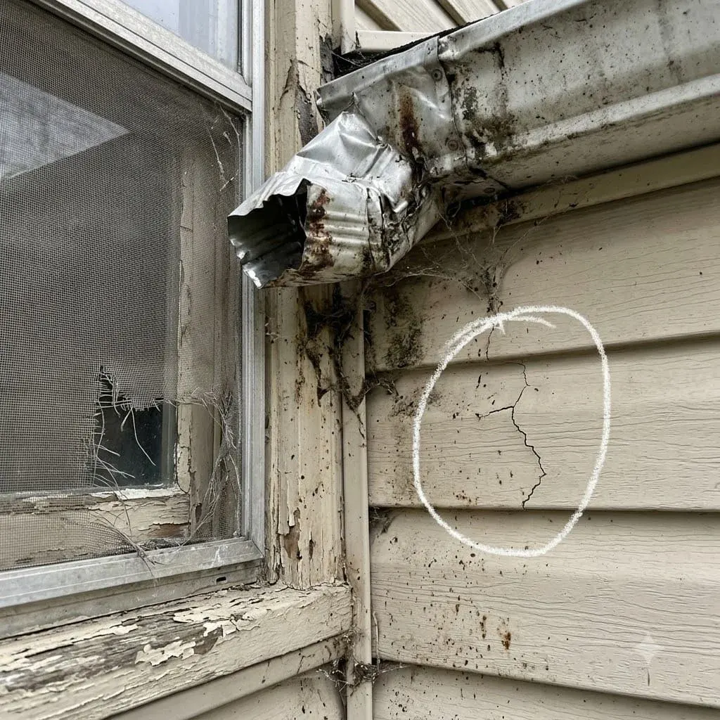 Hail-pitted siding and a damaged gutter on a house
