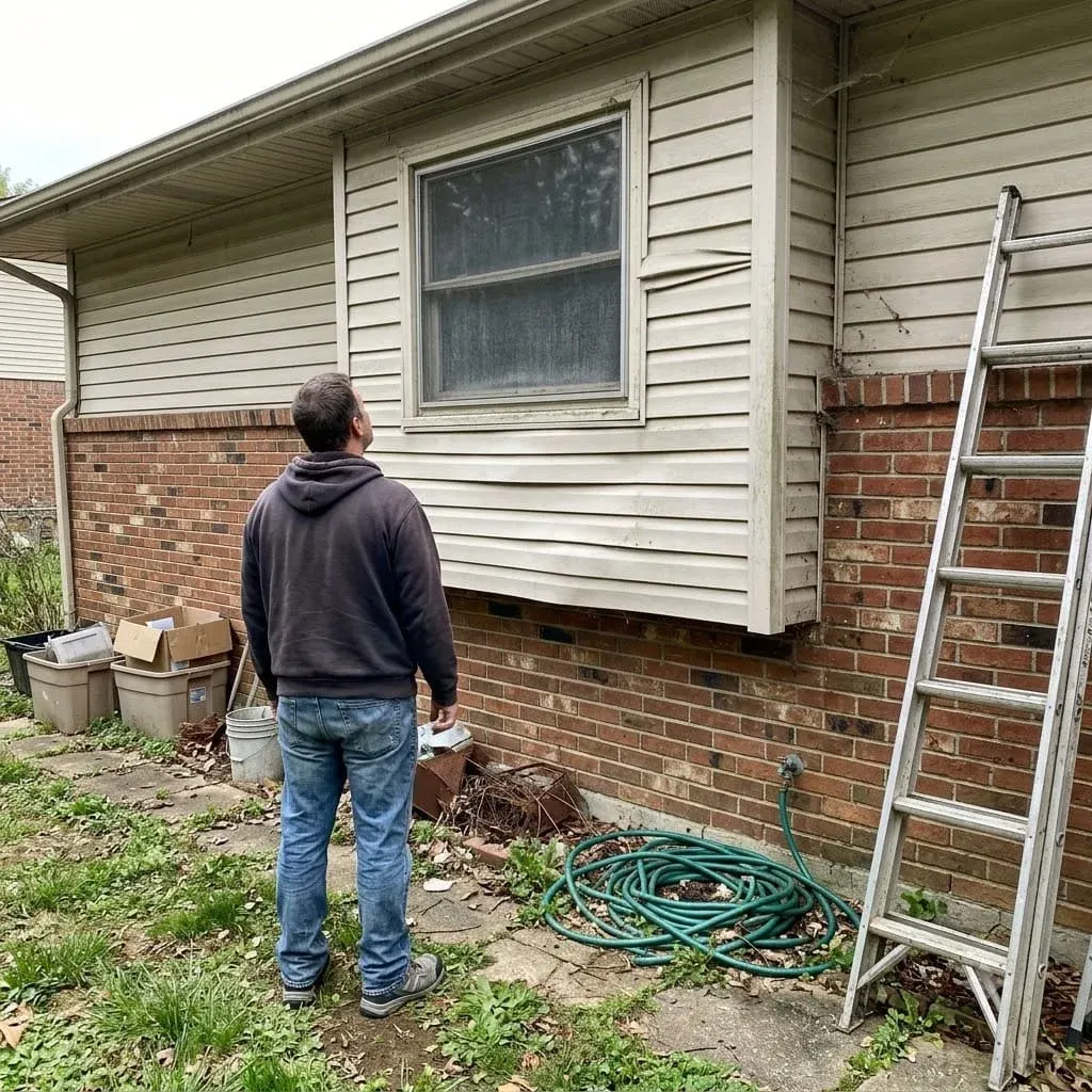 Damaged siding section with a ladder and a homeowner looking at it