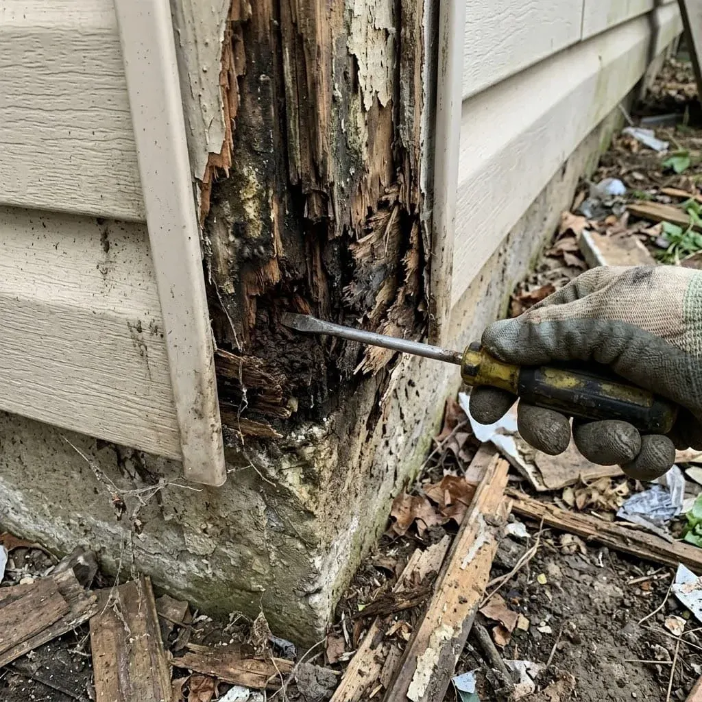 Rotted wood behind lifted siding