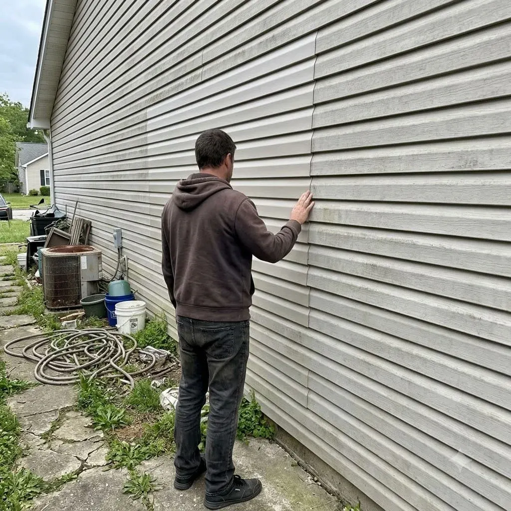 Siding wall with one damaged section next to sound siding