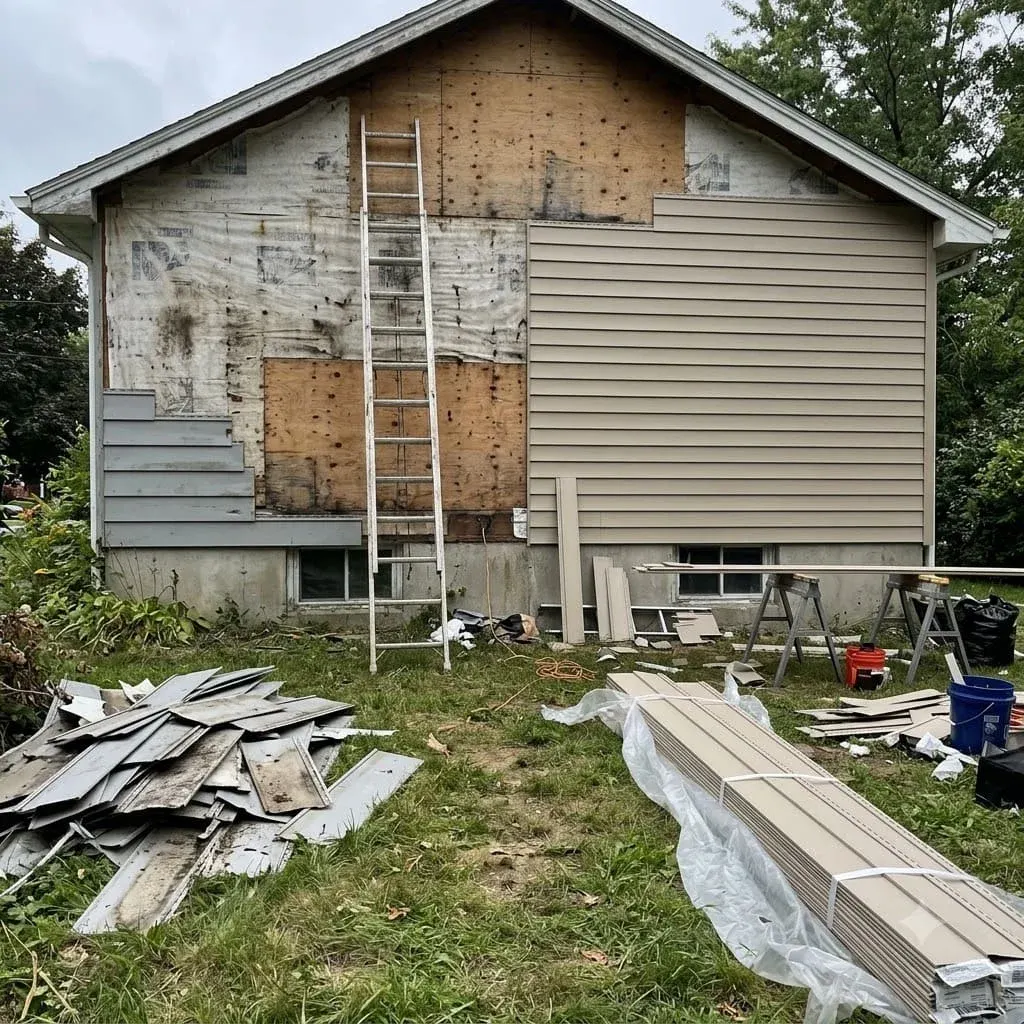Wall with old siding partly removed and bare sheathing showing