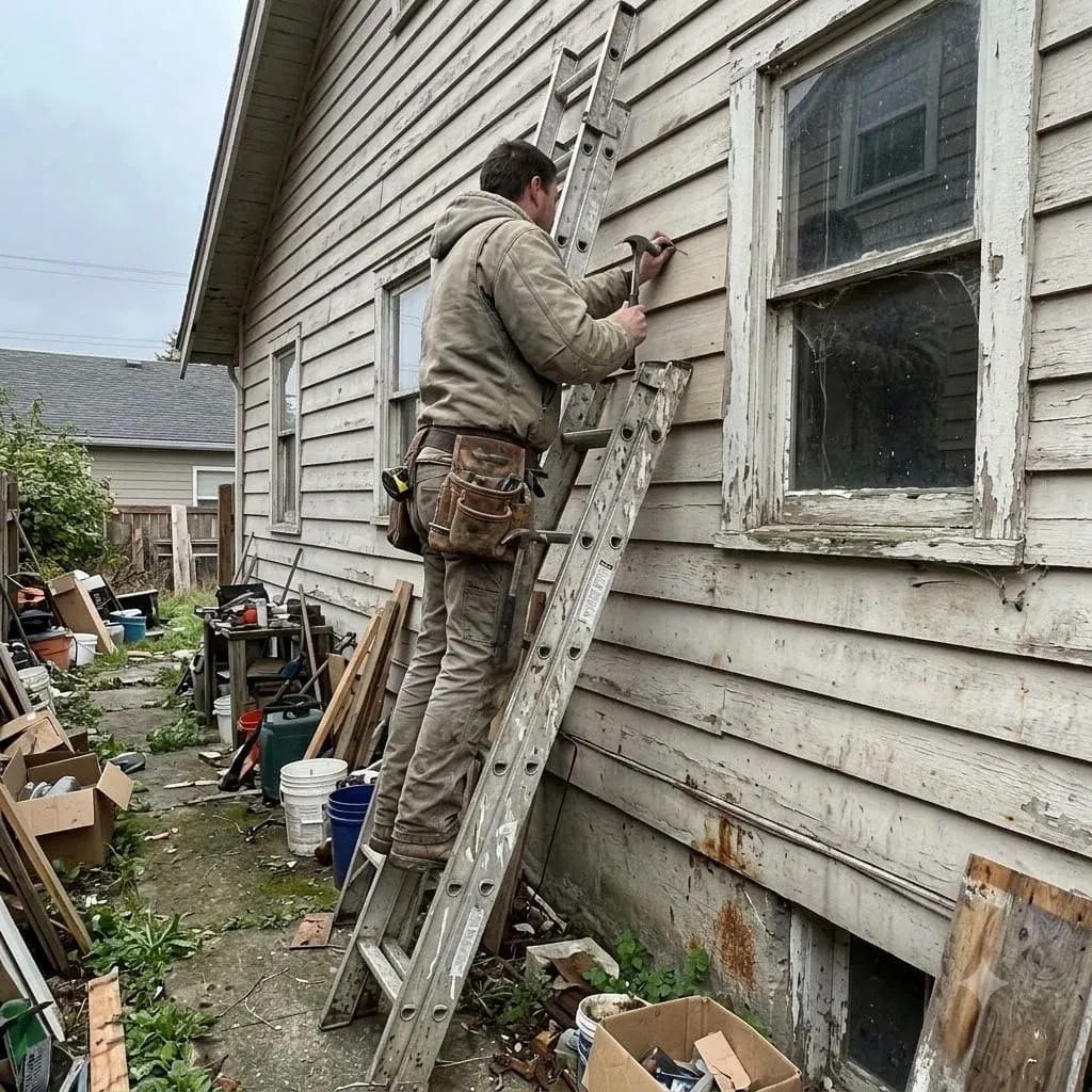 New siding panels stacked beside a house