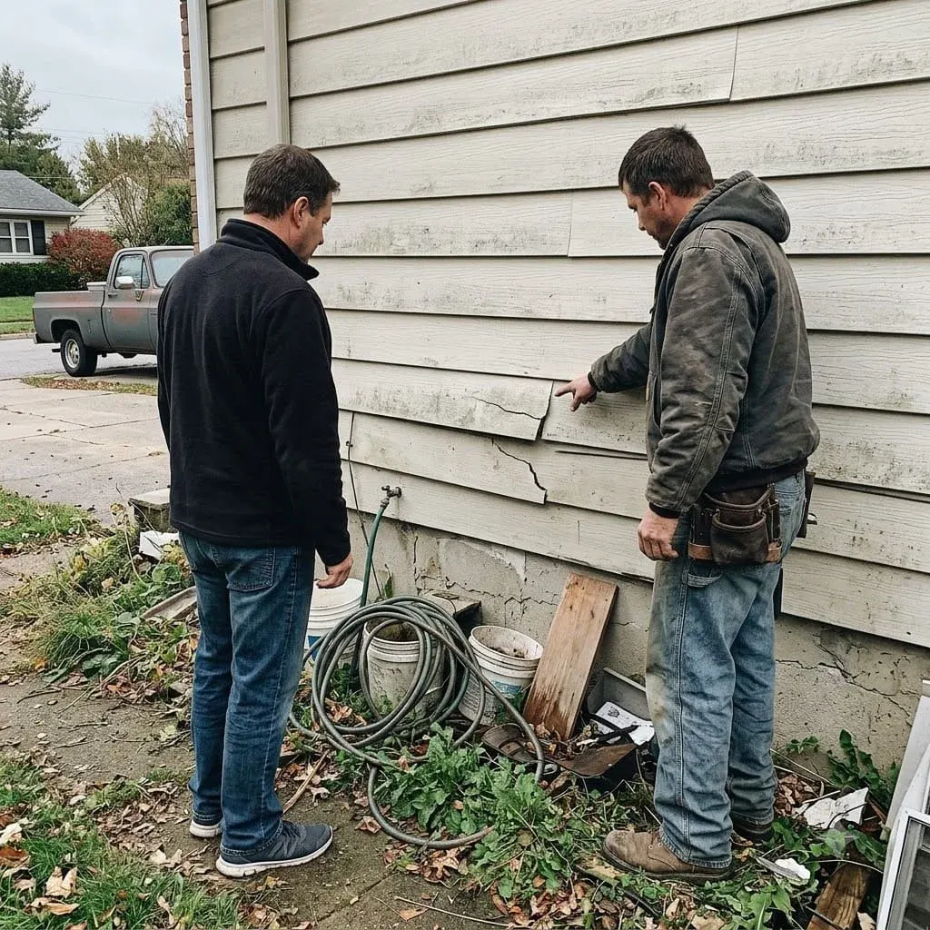 Tradesperson working on a siding wall from a ladder